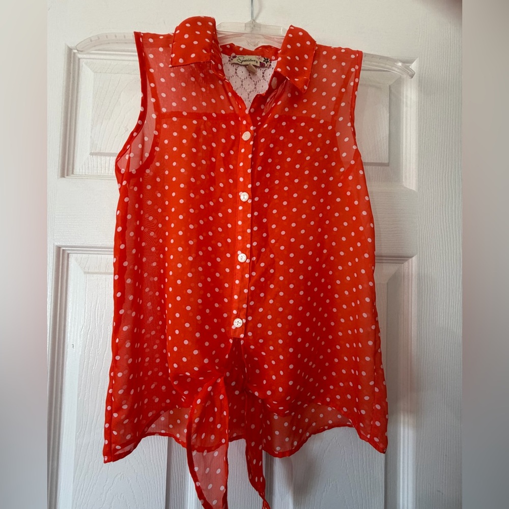 Sleeveless button down blouse orange white polka dot sheer lace sz L